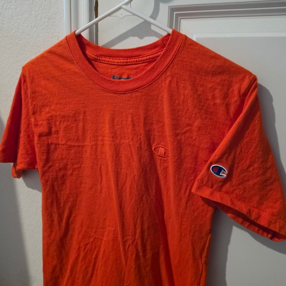 Champion Mens Orange Short Sleeve Crewneck T-Shirt Embroidered Logo Size Small